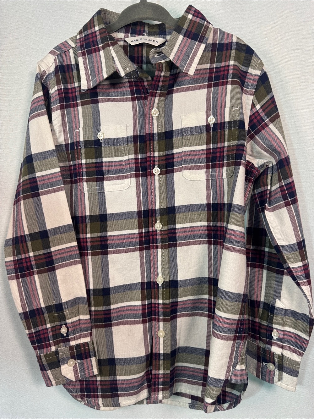 Janie and Jack Plaid Button-Down Shirt in White, Olive & Burgundy